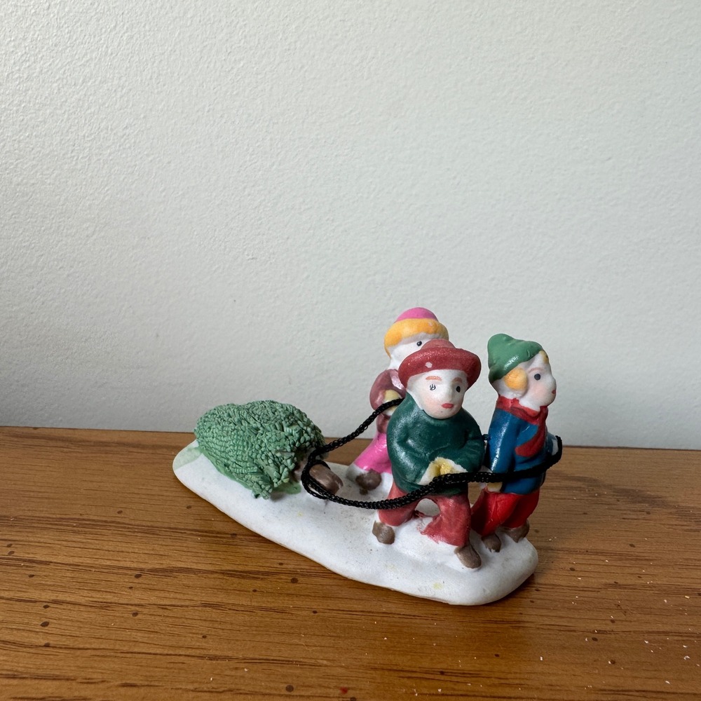 Vintage‎ Ceramic Children Pulling Christmas Tree Sled Figurine Decor